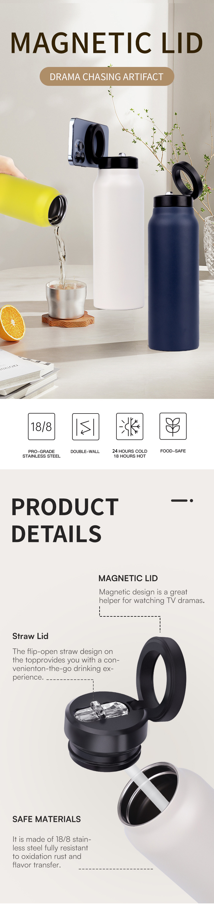 Magnetic Lid Stainless Steel Water Bottle – 750ml Insulated